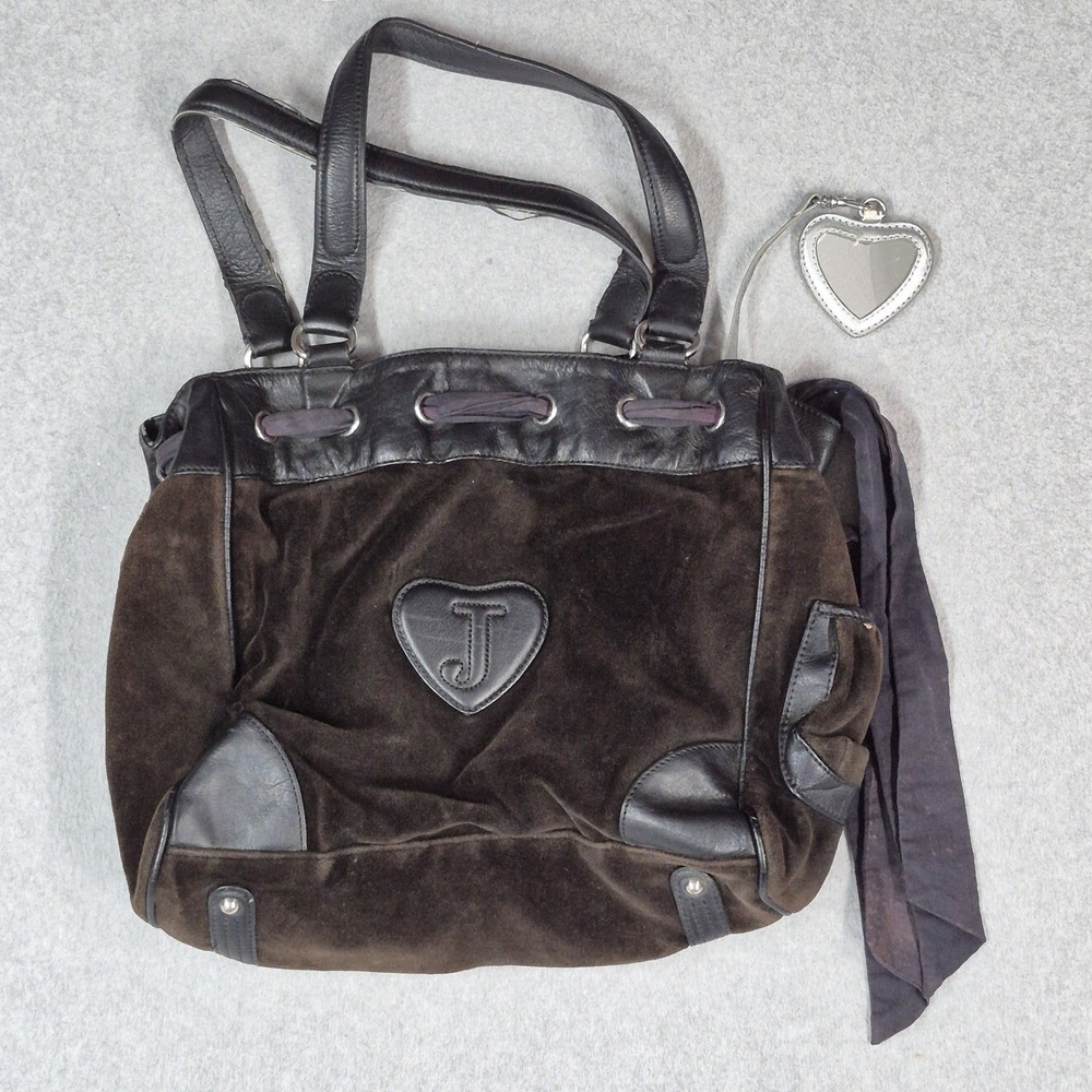 VINTAGE Juicy Couture Women Bag Brown Y2K Rhinestone Bow Velvet Scottie READ